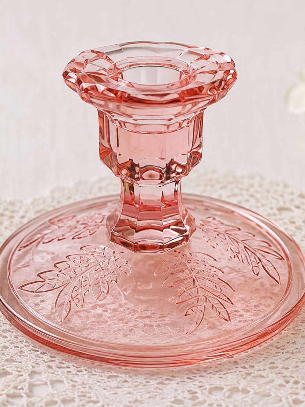 CS-62--Pink Glass Floral Candlestick Holder Leaf Pattern Decorative Home Decor